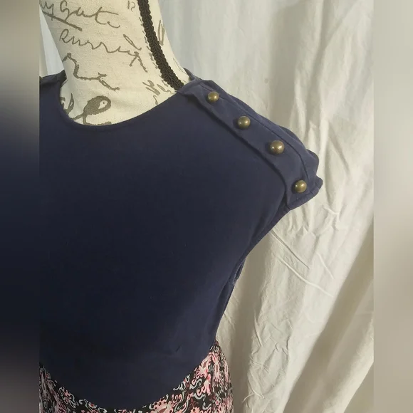 eShakti Blue and Pink A-Line Dress Knee-Length Casual - Picture 2 of 5